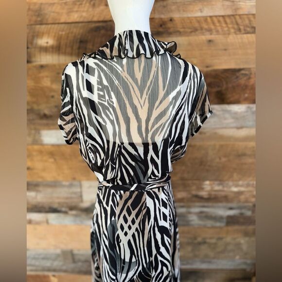MSK Zebra Animal Print Sheer A-Line tie Dress black liner - Picture 3 of 10